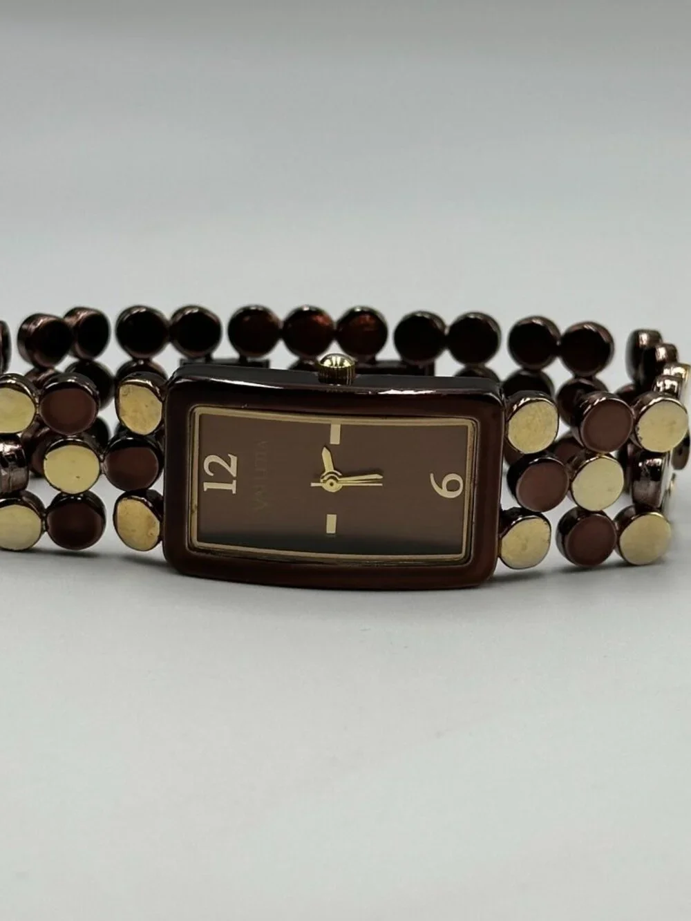 3/$30 Valletta Watch Women Gold Brown Two Tone Circle Link Band Rectangle